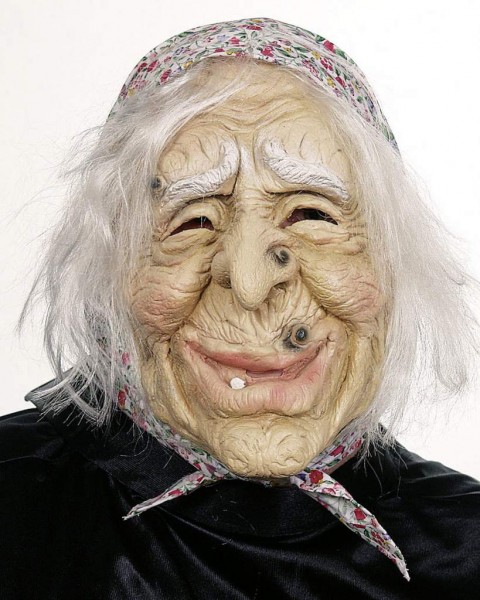 Walpurgis-Verkleidung: Hexenmaske mit blauem Kopftuch/Haaren