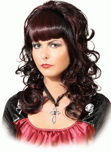 Damenperücke gelockt mit Pony, schwarz-burgundi