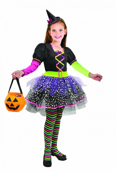 Hexe - Kleid, Haareif mit Hut, Strümpfe, Handtasche, Gürtel